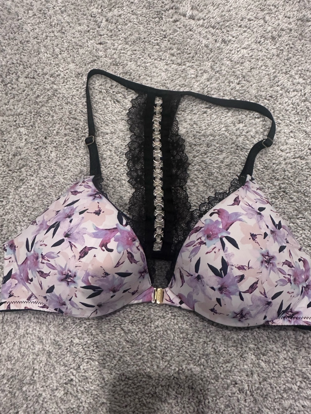 Victoria's Secret Purple Floral Push-Up Bra with Black Lace Back